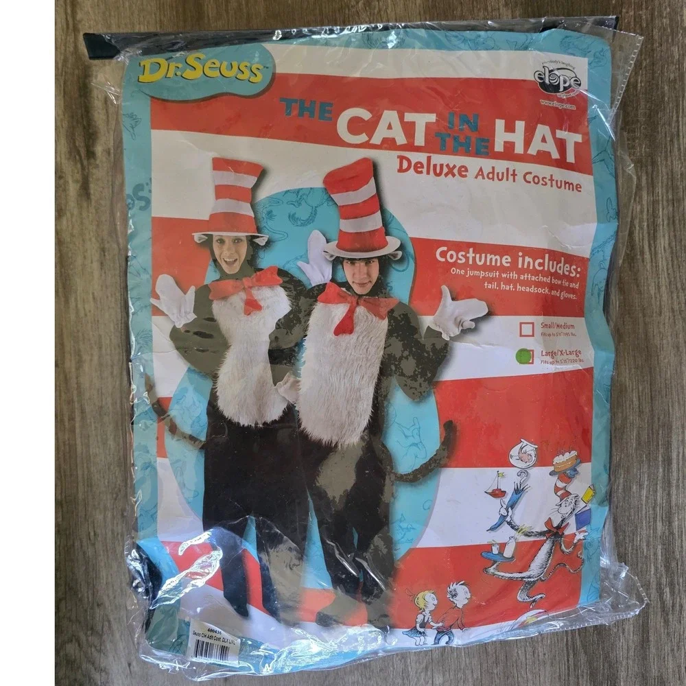 Dr Seuss elope Cat in the Hat Deluxe Adult Costume L/XL Black Red White Striped